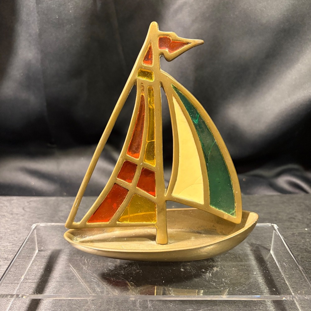Vintage Brass Stained Glass Sailboat Figurine MGM Grand Las Vegas Souvenir